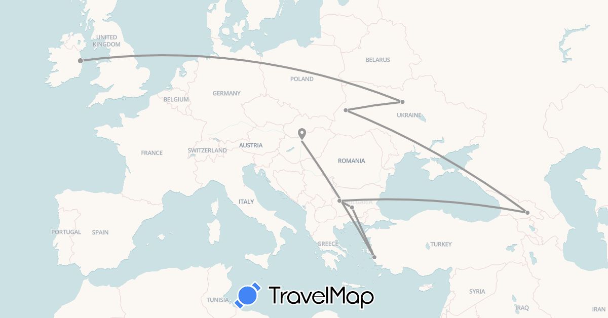 TravelMap itinerary: driving, plane in Bulgaria, Georgia, Hungary, Ireland, Turkey, Ukraine (Asia, Europe)